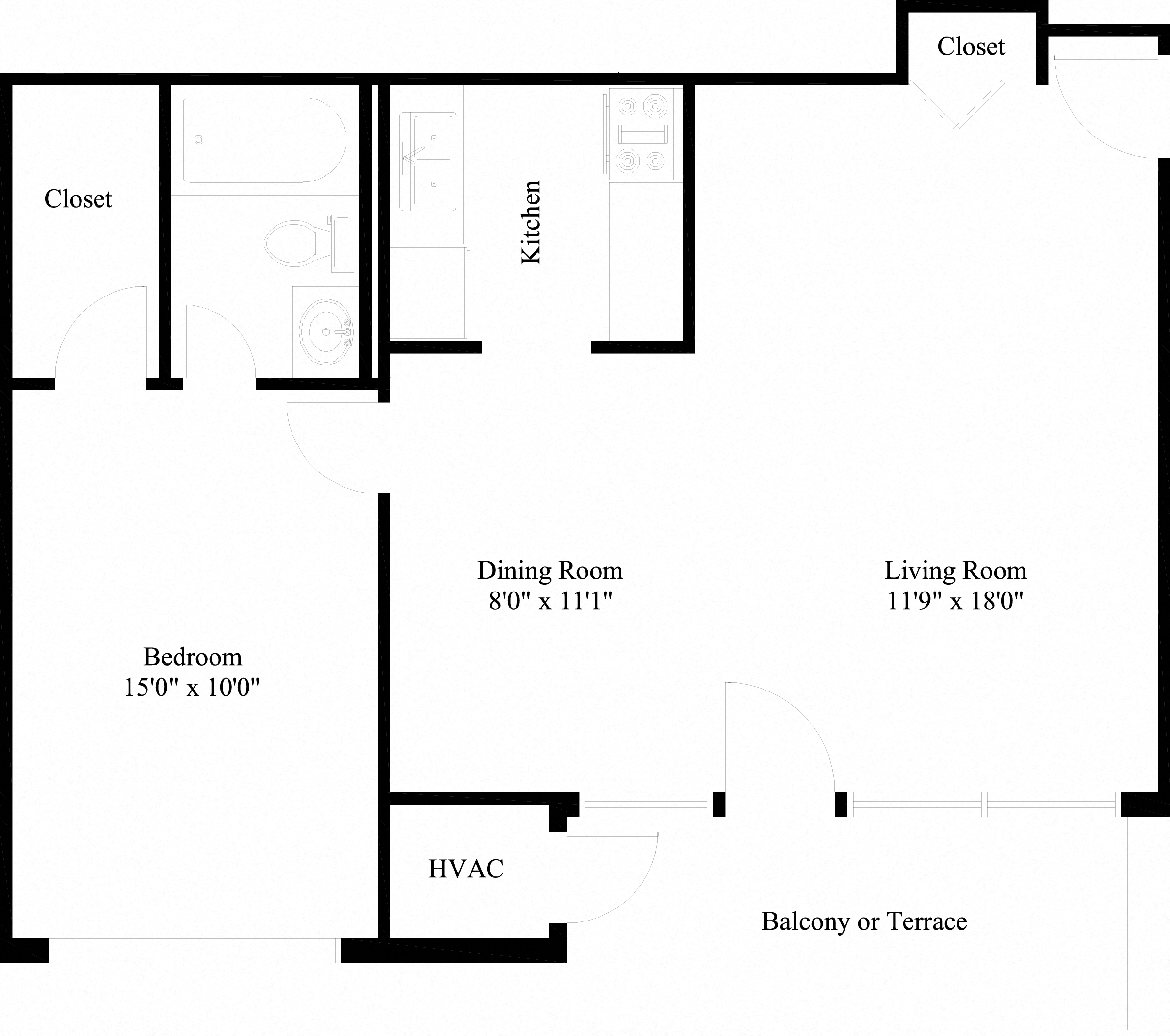 Floor plan for 1 bed, 1 bath, 625 sqft